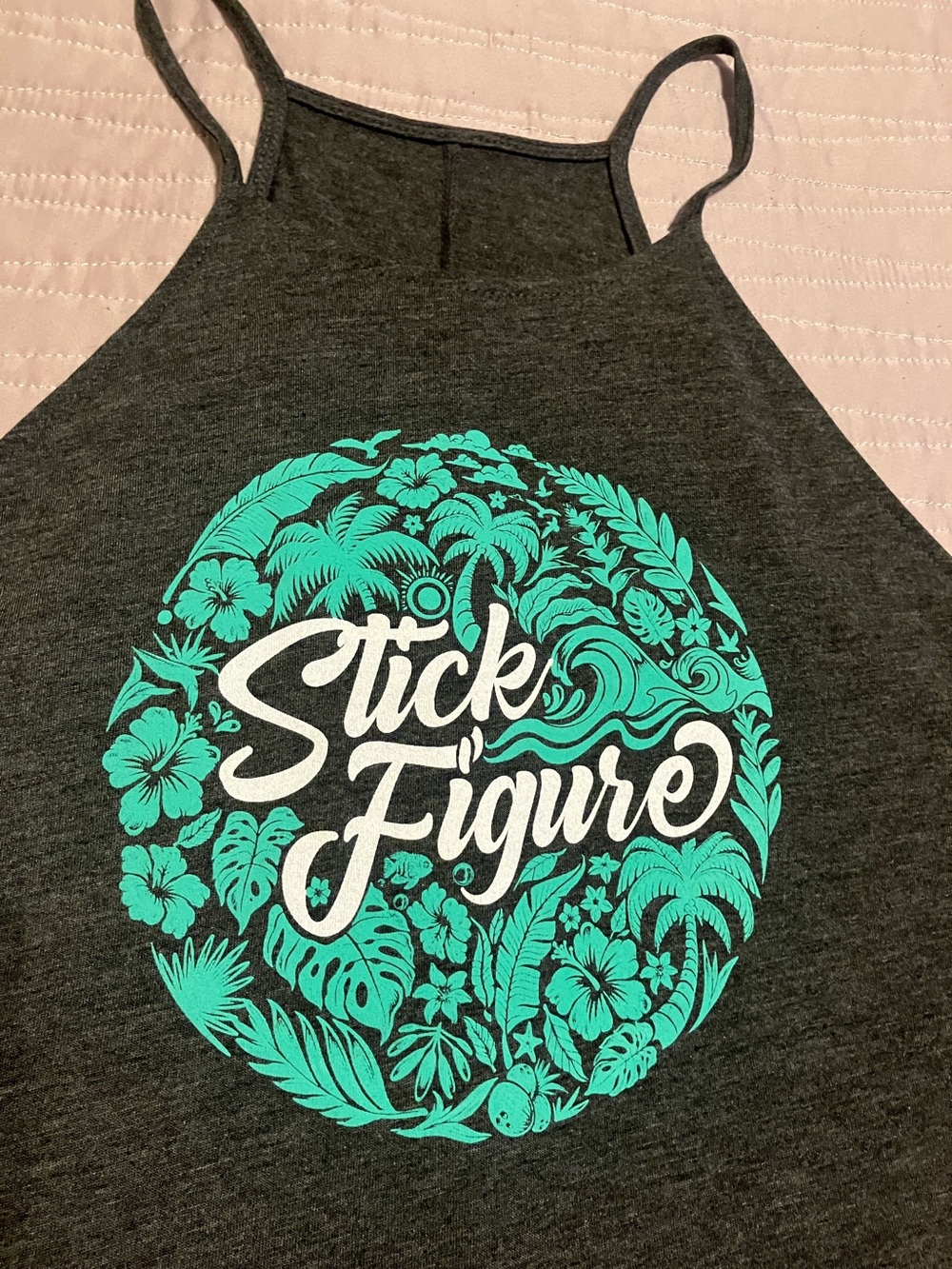 Stick Figure Women's Dark Gray Tank with Teal Graphic Concert Tee